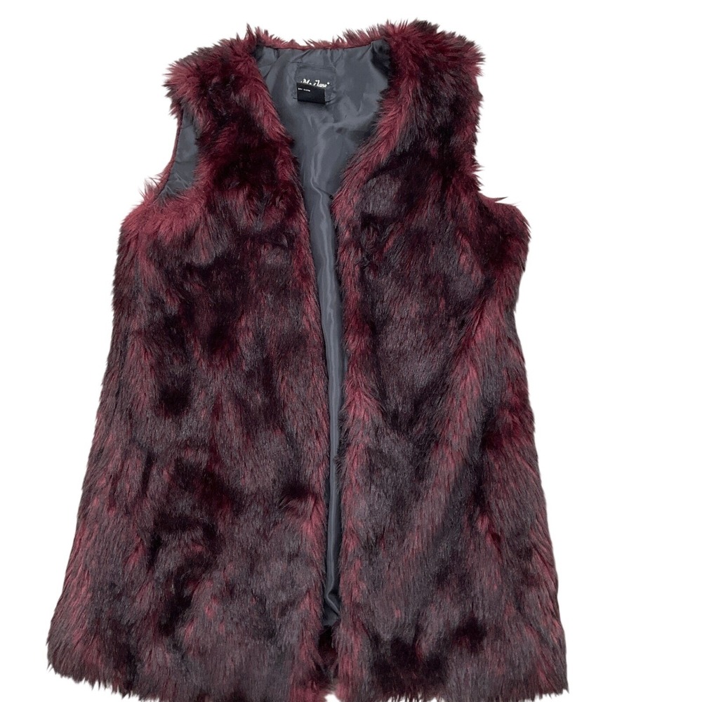 Me Jane Vest Women Medium Burgundy Black Faux Fur Glam Luxe Modern Shaggy Mob